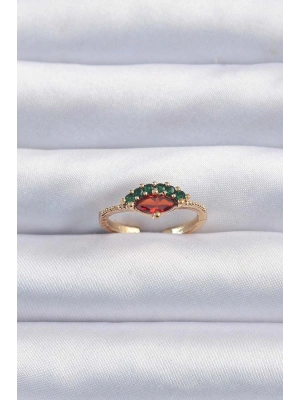 Pirinç Altın Renk Renkli Zirkon Taşlı Ayarlanabilir Karpuz Model Yüzük