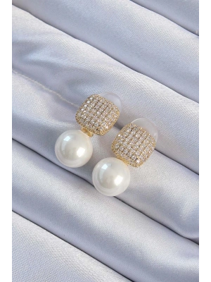 Pirinç Altın Renk Zirkon Taşlı Kare Model İnci Tasarım Kadın Küpe