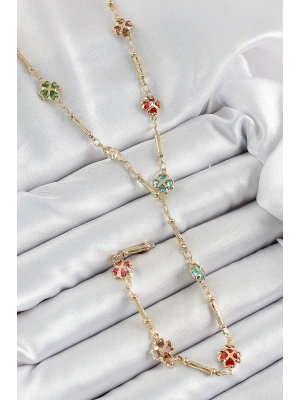 Pirinç Asorti Kalpli Yonca Model Gold Renk Zirkon Taşlı Y Kolye