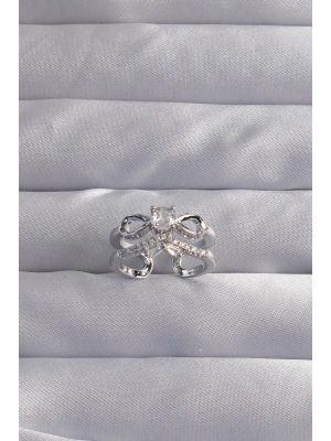 Pirinç Ayarlamalı Gümüş Renk Zirkon Taşlı 2li Görünüm Fiyonk Yüzük