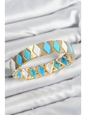 Pirinç Baklava Desenli Mavi Beyaz Gold Renk Lastikli Kadın Bileklik