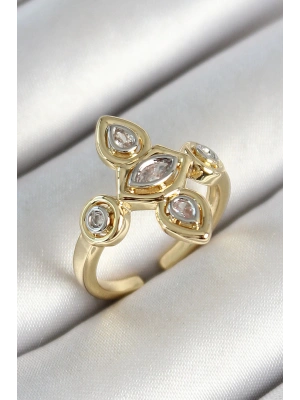 Pirinç Beş Taş Trend Figür Zirkon Taşlı Gold Renk Ayarlanabilir Kadın Yüzük