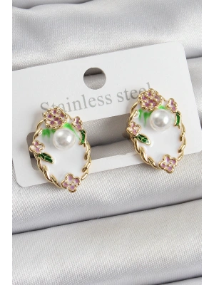 Pirinç Beyaz Mineli İnci Detaylı Sanatsal Portre Model Gold Renk Kadın Küpe