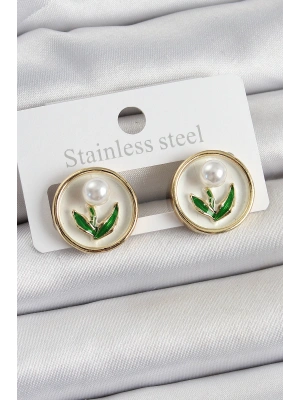 Pirinç Beyaz Mineli Lale Figürlü Sanatsal Portre Model Gold Renk Kadın Küpe