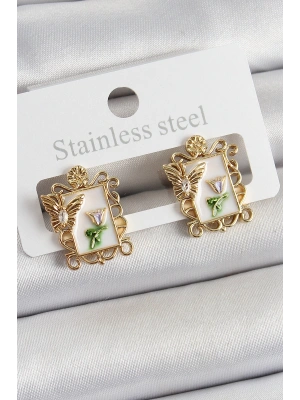 Pirinç Beyaz Mineli Sanatsal Portre Model Gold Renk Kadın Küpe