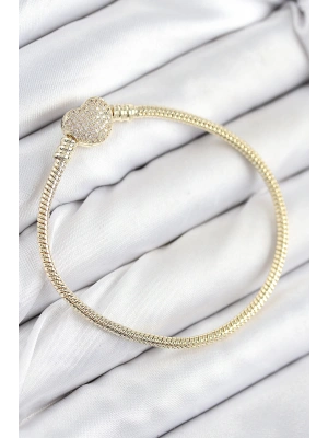 Pirinç Charm Zirkon Taşlı Kalp Model Gold Renk Kadın Bileklik