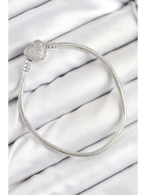Pirinç Charm Zirkon Taşlı Kalp Model Gümüş Renk Kadın Bileklik