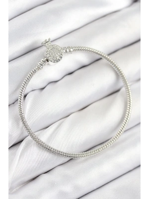 Pirinç Charm Zirkon Taşlı Taç Model Gümüş Renk Kadın Bileklik