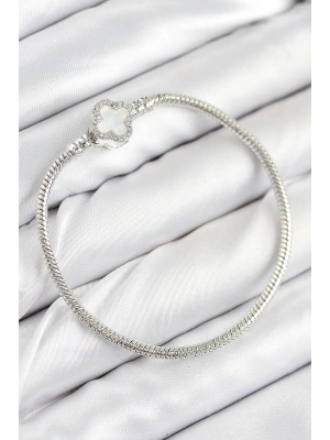 Pirinç Charm Zirkon Taşlı Yonca Model Gümüş Renk Kadın Bileklik