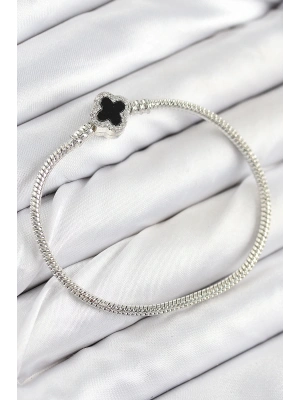 Pirinç Charm Zirkon Taşlı Yonca Model Gümüş Renk Kadın Bileklik