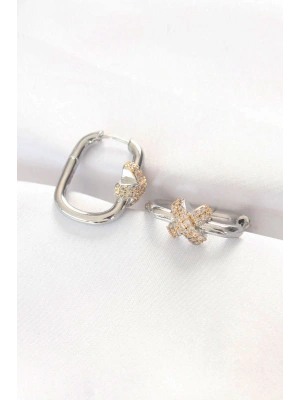 Pirinç Çift Renk Taşlı X Tasarımlı Dikdörtgen Küpe