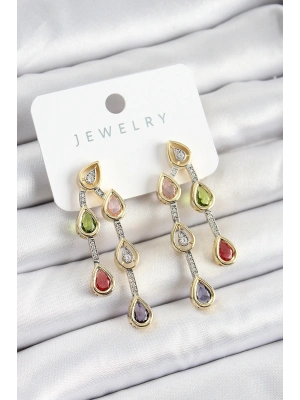 Pirinç Çoklu Damla Model Karşık Zirkon Taşlı Gold Ve Gümüş Renk Kadın Küpe