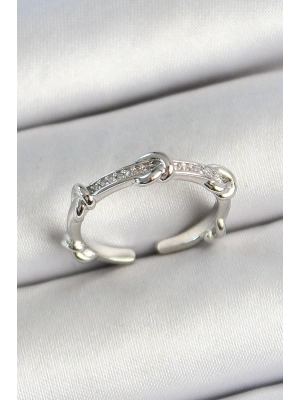 Pirinç Düğüm Figürlü Zirkon Taşlı Gümüş Renk Ayarlanabilir Kadın Yüzük