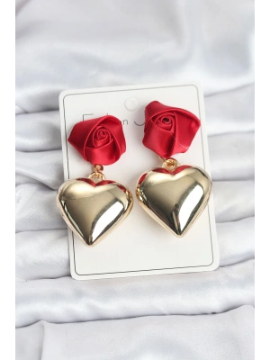 Pirinç Gold Kalpli Kırmızı Gül Model Kadın Küpe
