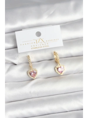 Pirinç Gold Pembe Renk Zirkon Taşlı Kalp Model Kadın Küpe