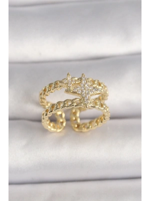 Pirinç Gold Renk 2Li Zincir Zirkon Taşlı Yıldız Figür Kadın Yüzük