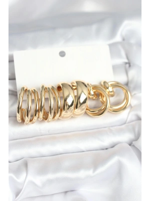 Pirinç Gold Renk 3 Çift Vintage Kadın Küpe Seti