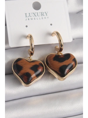 Pirinç Gold Renk 3D Kalp Leopar Desen Model Kadın Küpe