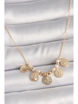 Pirinç Gold Renk 5Li Osmanlı Tuğra Figür İnci Detay Kadın Kolye