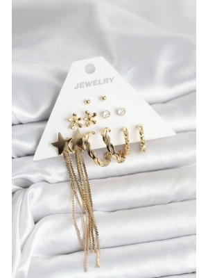 Pirinç Gold Renk 6 Çift Kadın Küpe Seti