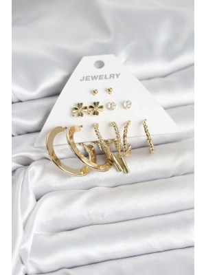 Pirinç Gold Renk 6 Çift Kadın Küpe Seti