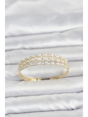 Pirinç Gold Renk Arpa Kesim Zirkon Taşlı Sıralı Model Kadın Bileklik