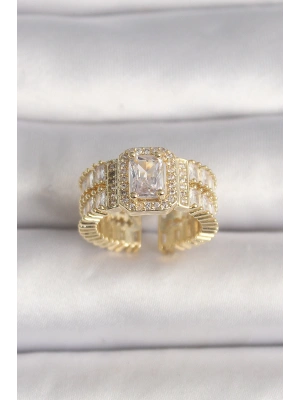Pirinç Gold Renk Ayarlanabilir Baget Zirkon Taş Model Kadın Yüzük