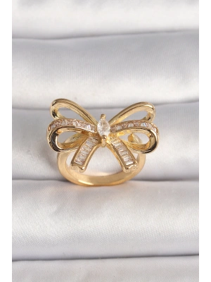 Pirinç Gold Renk Ayarlanabilir Zirkon Taşlı Kurdele Model Kadın Yüzük