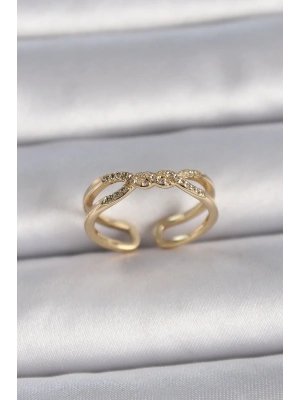 Pirinç Gold Renk Ayarlanabilir Zirkon Taşlı Sarmal Model Kadın Yüzük