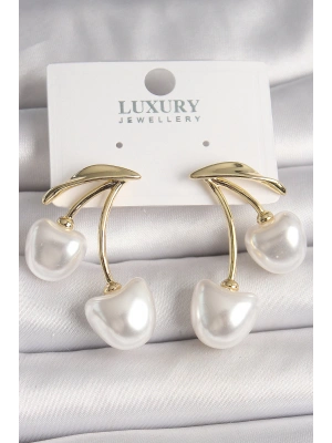 Pirinç Gold Renk Beyaz İnci Kiraz Model Kadın Küpe