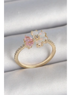 Pirinç Gold Renk Beyaz Mineli Pembe Zirkon Taşlı Çiçek Model Kadın Yüzük
