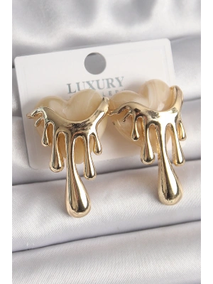 Pirinç Gold Renk Beyaz Sedefli Akan Kalp Model Kadın Küpe