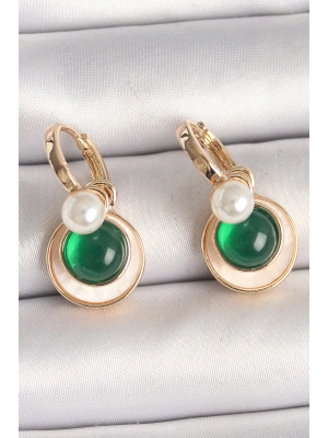 Pirinç Gold Renk Beyaz Yeşil Sallantı Mineli Kadın Küpe
