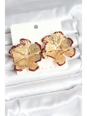 Pirinç Gold Renk Bordo Renk Detaylı Lotus Kadın Küpe