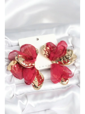 Pirinç Gold Renk Bordo Tüllü Lotus Kadın Küpe