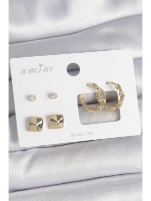 Pirinç Gold Renk Burgu Halka Model Zirkon Taşlı Kare Detay 3 Çift Kadın Küpe Seti