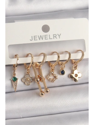 Pirinç Gold Renk Çoklu Figür Kadın Küpe Seti
