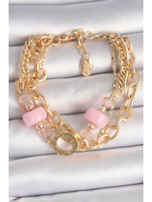 Pirinç Gold Renk Çoklu Pembe Taşlı Kadın Bileklik