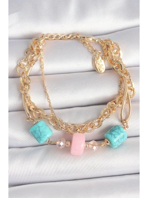 Pirinç Gold Renk Çoklu Zincir Model Mavi Taş Figürlü Kadın Bileklik