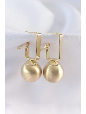 Pirinç Gold Renk Dikdörtgen Detay Oval Küpe