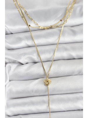 Pirinç Gold Renk Düğüm Model Detaylı 3lü Kombin Y Kadın Kolye