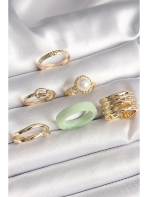 Pirinç Gold Renk Düğüm Model İncili İşlemeli Plaka Model 6Lı Kadın Yüzük Seti