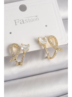 Pirinç Gold Renk Düğüm Model Zirkon Taşlı Kalp Detay Kadın Küpe