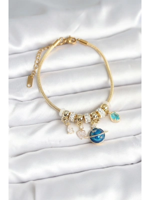 Pirinç Gold Renk Dünya Charmlı Kadın Bileklik