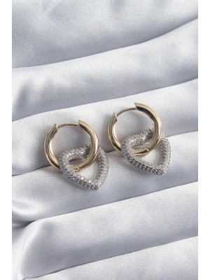 Pirinç Gold Renk Halka Gümüş Zirkon Taşlı Kalp Model VİP Seri Kadın Küpe