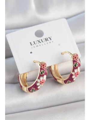 Pirinç Gold Renk Halka Mor Çiçek Mineli Kadın Küpe