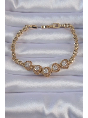 Pirinç Gold Renk İçi Zirkon Taşlı Kalp Figürlü Bileklik