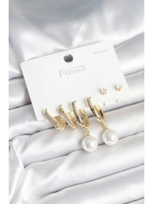 Pirinç Gold Renk İnci Detaylı 925 Ayar Gümüş Çivili Kadın Küpe Seti