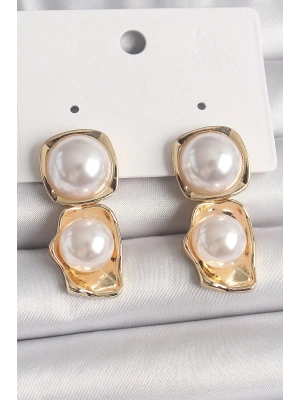 Pirinç Gold Renk İnci Kare Model Kadın Küpe