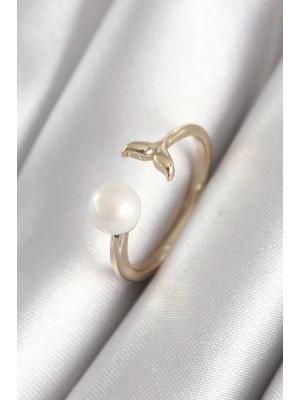 Pirinç Gold Renk İnci Top Figür Balık Kuyruğu Model Kadın Yüzük